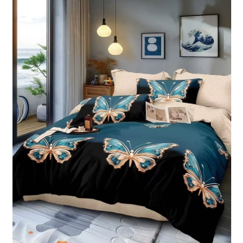 Pościel Flanelowa 200x220 motyle granatowy beżowy FL636